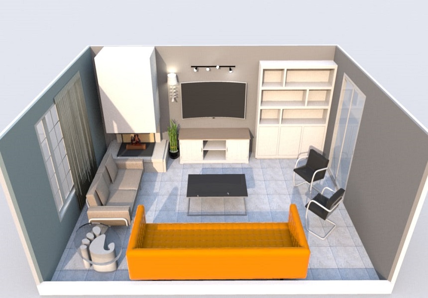 طراحی داخلی پذیرایی مستطیلی با یک مبل، کاناپه لاوست و دو صندلی است 