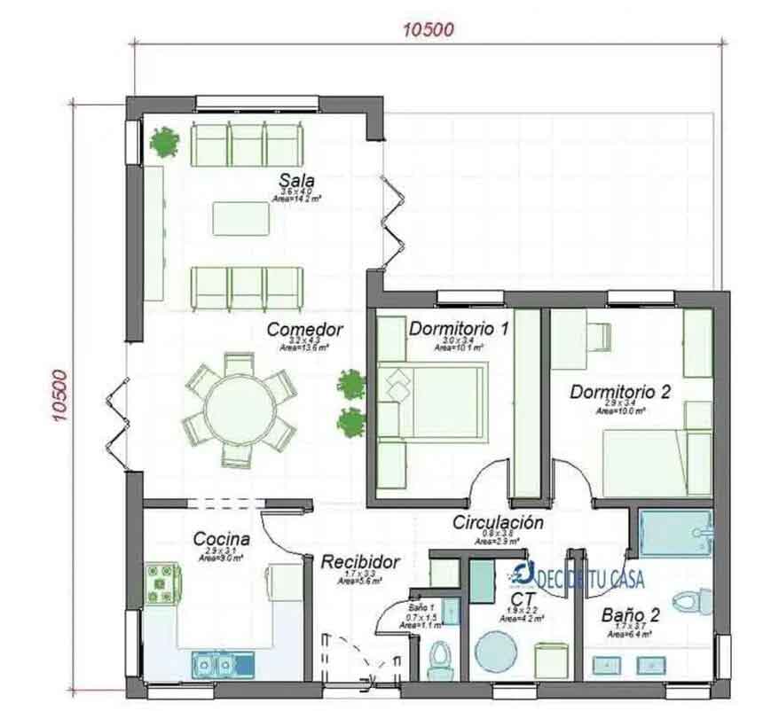 نقشه ویلا ال شکل یک طبقه با دو اتاق خواب و دو حمام