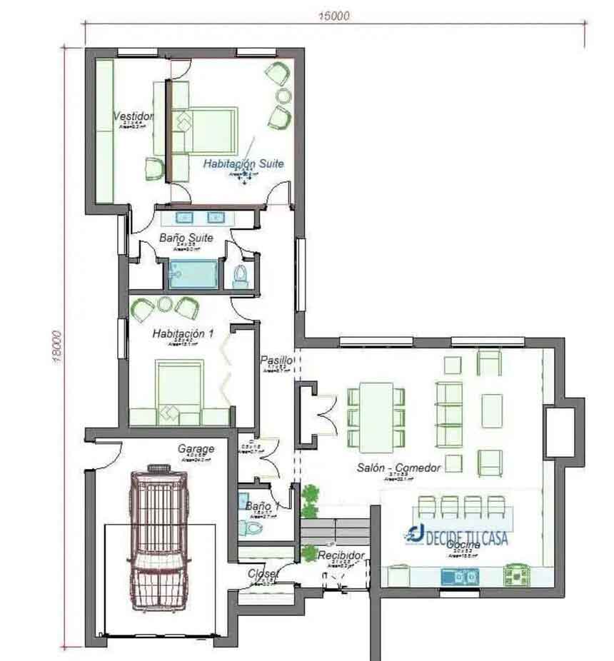 نقشه ویلا ال شکل یک طبقه با دو اتاق خواب و امکانات کامل