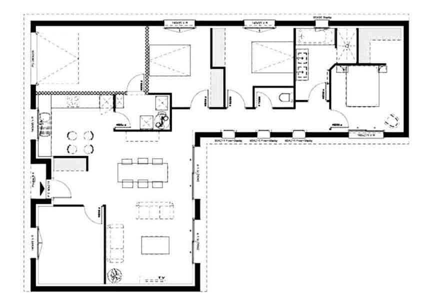 نقشه ویلا ال شکل یک طبقه با سه اتاق خواب و دو حمام و یک گاراژ